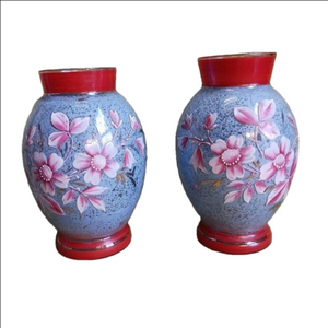 Vintage Glass Ginger Jar Vases Hand Painted Floral